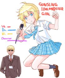  1boy aida_yuu arm_up blonde_hair blue_eyes blush bob_cut commentary_request cosplay female formal gunslinger_girl idolmaster jean_croce jumping microphone necktie open_mouth photoshop_(medium) plaid rico_(gunslinger_girl) rough_time_school_(idolmaster) school_uniform short_hair skirt suit sunglasses 