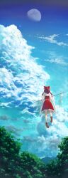  bow cloud commentary_request female floating gohei hairbow hakurei_reimu highres matsutani moon outdoors red_bow sky solo touhou tree 