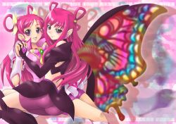  2girls bike_shorts blush boots brooch bug butterfly butterfly_brooch butterfly_wings commentary_request cure_dream dark_cure_(yes!_precure_5) dark_dream earrings eyelashes gloves hair_ribbon hair_rings holding_hands insect_wings jewelry long_hair magical_girl multicolored_wings multiple_girls pink_hair pink_shorts pointy_ears precure purple_eyes ribbon shorts smile thighhighs wings yaso_shigeru yes!_precure_5 yumehara_nozomi 