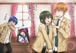  +_+ 3boys alternate_costume angel_beats! bad_id bad_pixiv_id beret blue_hair brown_hair female green_hair hat hinata_hideki multiple_boys nakamura_yuri naoi_ayato natsu_natsuna otonashi_yuzuru purple_hair school_uniform serafuku shinda_sekai_sensen_uniform short_hair sparkle table translated 