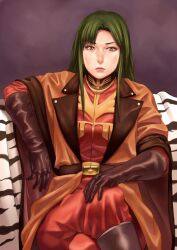  brown_eyes bugfix cima_garahau commentary_request crossed_legs female green_hair gundam gundam_0083 lips lipstick long_hair makeup military military_uniform sitting solo uniform 