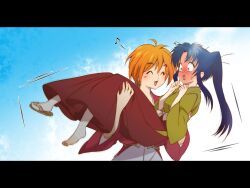  1boy barefoot blue_eyes blue_hair blush carrying closed_eyes couple feet female female himura_kenshin japanese_clothes kamiya_kaoru kimono long_hair male open_mouth orange_hair ponytail rurouni_kenshin sandals yukimitsuki 