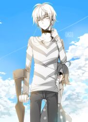  1boy accelerator_(toaru_majutsu_no_index) ahoge asamiyajy choker cloud commentary crutch day female last_order_(toaru_majutsu_no_index) photoshop_(medium) shirt sky striped_clothes striped_shirt toaru_majutsu_no_index white_hair 