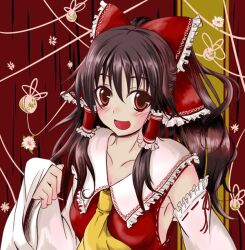  armpits brown_hair commentary_request detached_sleeves female hair_ribbon hair_tubes hakurei_reimu long_hair partial_commentary photoshop_(medium) ponytail red_eyes ribbon solo touhou yuuma_(noel) 