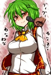  anger_vein annoyed ascot breasts commentary_request dress female green_hair kazami_yuuka large_breasts microphone plaid plaid_skirt plaid_vest poking red_eyes roki_(hirokix) shirt skirt skirt_set solo taut_clothes taut_shirt touhou vest 