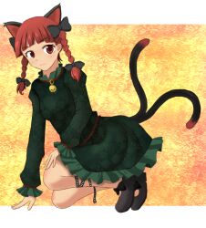  animal_ears bad_id bad_pixiv_id bell braid cat_ears cat_tail dress extra_ears female goro jingle_bell kaenbyou_rin multiple_tails no_socks red_eyes red_hair solo tail touhou twin_braids 