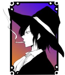  1boy bad_id bad_pixiv_id cigarette commentary_request hat lowres male_focus monochrome mugen_mamiya mugen_shinshi nfa_(tomo) portrait smoke smoking solo 