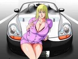  akimoto_katherine_reiko arm_behind_back blazer blonde_hair bra breast_hold breasts car cleavage convertible curvy female fingernails formal garakuta-ya green_eyes hand_on_own_chest huge_breasts jacket jpeg_artifacts kochikame leaning lingerie long_fingernails long_hair motor_vehicle nail_polish panties pantyshot pink_nails porsche porsche_boxster solo sports_car standing underwear 