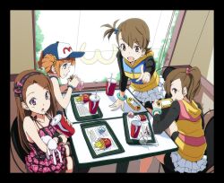  4girls brown_eyes brown_hair commentary_request futami_ami futami_mami green_eyes highres idolmaster idolmaster_(classic) minase_iori multiple_girls open_mouth photoshop_(medium) short_hair siblings side_ponytail sisters takatsuki_yayoi tsuttsu 