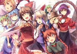  6+girls armpits ascot bad_id bad_pixiv_id bare_shoulders blonde_hair blue_eyes blue_hair bow braid brown_eyes brown_hair cirno cup daiyousei detached_sleeves dress eho_(icbm) gap_(touhou) green_hair grey_hair hairbow hakurei_reimu hat kaenbyou_rin kochiya_sanae long_hair moriya_suwako multicolored_hair multiple_girls mystia_lorelei oerba_yun_fang one_eye_closed pink_eyes pink_hair purple_hair red_eyes red_hair rope shimenawa short_hair tokiko_(touhou) touhou twin_braids wings yakumo_yukari yasaka_kanako yellow_eyes 