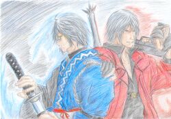  2boys ahoge bad_id bad_pixiv_id blue_eyes coat dante_(devil_may_cry) devil_may_cry_(series) fingerless_gloves glasses gloves grey_hair grin gun hand_on_shoulder handgun jacket katana morichika_rinnosuke multiple_boys overcoat short_hair smile sword touhou weapon white_hair yellow_eyes you_(esparda) 