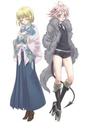  2boys anti-eyebrow_piercing barbell_piercing blonde_hair blue_eyes blue_hakama boots bridge_piercing coat commentary cross-laced_footwear demon_boy demon_tail ear_piercing full_body fur_coat hakama hakama_skirt high_heel_boots high_heels highres horns ibaraki_douji_(kiyo) japanese_clothes jewelry kimono kujou_kiyo labret_piercing lace-trimmed_sleeves lace_trim male_focus meiji_schoolgirl_uniform multiple_boys necktie nose_piercing original otoko_no_ko photoshop_(medium) piercing pink_hair shoes short_shorts shorts simple_background skirt tail vest white_background yoru_akamaru 