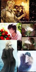  2boys absurdres albus_severus_potter black_pants blonde_hair blue_eyes brown_hair butterfly flower green_eyes harry_potter highres kissing louis_weasley multiple_boys multiple_views numeri_(pixiv) pants rose scorpius_malfoy wand yaoi 