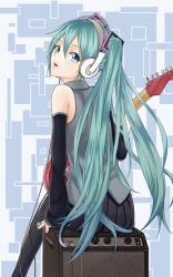  amplifier aqua_eyes aqua_hair arm_support bad_id bad_pixiv_id cable detached_sleeves female from_behind guitar hatsune_miku headphones heisei_yutorin instrument long_hair looking_back open_mouth pantyhose plectrum sitting solo very_long_hair vocaloid 