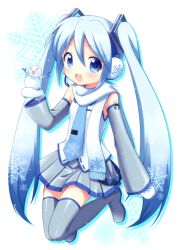  blue_hair blush boots commentary_request detached_sleeves female hachune_miku hatsune_miku headphones highres long_hair open_mouth scarf snowflakes snowman solo thigh_boots thighhighs twintails usashiro_mani very_long_hair vocaloid white_scarf yuki_miku yuki_miku_(2011) zettai_ryouiki 