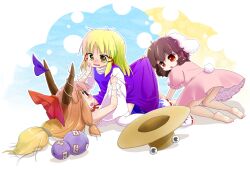  3girls all_fours animal_ears barefoot black_hair blonde_hair bow cheek_pinching clothes_lift commentary_request female_pervert gourd hairbow hat horn_ornament horn_ribbon horns ibuki_suika inaba_tewi lolicon looking_back morioka_itari moriya_suwako multiple_girls open_mouth orange_hair pervert pinching rabbit_ears rabbit_tail red_eyes ribbon sitting skirt skirt_lift tail tears touhou unworn_hat unworn_headwear wrist_cuffs 