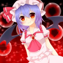  arms_behind_back ascot bat_wings blue_hair brooch commentary_request female hat jewelry red_eyes remilia_scarlet short_hair smile solo touhou upper_body wings yuria_(kittyluv) 