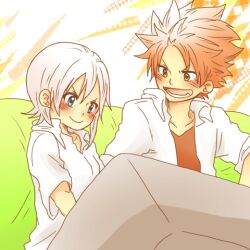  1boy blue_eyes blush fairy_tail female lisanna lisanna_strauss lowres natsu_dragneel pink_hair puuma_(pixiv1277374) smile white_hair yellow_eyes 