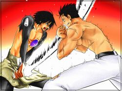  2boys black_hair hyodo_kagetora junas multiple_boys psyren scar shirtless short_hair sword weapon 