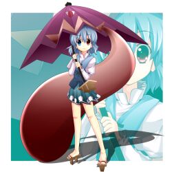  bad_id bad_pixiv_id bare_legs blue_eyes blue_hair female geta heterochromia hori_daikon karakasa_obake purple_umbrella red_eyes short_hair skirt smile solo standing tatara_kogasa tongue touhou umbrella zoom_layer 