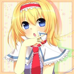  :o alice_margatroid blonde_hair blue_eyes commentary_request female hairband hand_on_own_face necktie short_hair solo star_(symbol) string touhou upper_body yuria_(kittyluv) 