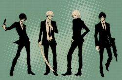  4boys adjusting_clothes adjusting_necktie aqua_background arm_at_side belt black_belt black_hair black_jacket black_necktie black_pants blue_eyes closed_mouth collared_shirt dress_shirt formal from_behind glasses gun hair_between_eyes handgun holding holding_gun holding_sword holding_weapon jacket katana lineup long_sleeves looking_at_viewer looking_back loose_necktie male_focus monochrome multiple_boys narukami_yuu necktie one_eye_closed open_clothes open_collar open_jacket pants persona persona_1 persona_2 persona_2_tsumi persona_3 persona_4 photoshop_(medium) rectangular_eyewear romeothedope shirt shirt_tucked_in smile standing standing_on_one_leg submachine_gun suit suit_jacket suou_tatsuya sword third-party_edit toudou_naoya uzi weapon white_hair white_shirt yuuki_makoto_(persona_3) 