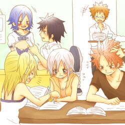  3boys 3girls blue_hair blush fairy_tail glasses gray_fullbuster juvia_loxar lisanna lisanna_strauss loke_(fairy_tail) lowres lucy_heartfilia multiple_boys multiple_girls natsu_dragneel pink_hair puuma_(pixiv1277374) short_hair smile white_hair 