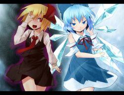  2girls aura ayagi_daifuku blonde_hair blue_eyes blue_hair bow cirno commentary_request detached_sleeves dress hair_ribbon hairbow hand_over_eye ice ice_wings letterboxed long_sleeves multiple_girls neck_ribbon necktie oerba_yun_fang open_mouth red_eyes red_necktie ribbon rumia short_hair side-by-side skirt touhou wings 