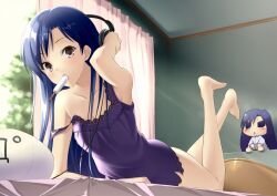  2girls barefoot bed bedroom blue_hair brown_eyes chemise chibi chihyaa commentary_request food headphones idolmaster idolmaster_(classic) indoors kagetsuki kisaragi_chihaya long_hair multiple_girls popsicle puchimasu! strap_slip 