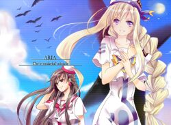  2girls akira_ferrari alicia_florence aria_(manga) aria_company_uniform beret bird blonde_hair blouse braid brown_hair cloud commentary_request dress floating_hair full_moon hands_on_own_chest hat himeya_company_uniform long_dress long_hair moon multiple_girls purple_eyes sailor_collar shirt short_sleeves single_braid sky uniform white_dress white_shirt wind ya_to 