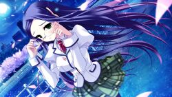  game_cg glasses green_eyes hamashima_shigeo long_hair moon night petals pochi_to_goshujin-sama purple_hair seifuku skyfish yamamine_hijiri_bernard 