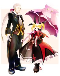  1boy animal-themed_umbrella bad_id bad_pixiv_id beard blazblue blonde_hair bow cosplay elize_lutus facial_hair female grey_hair look-alike ponytail rachel_alucard rachel_alucard_(cosplay) red_bow rowen_j._ilbert tales_of_(series) tales_of_xillia teepo_(tales) tuxedo twintails umbrella valkenhayn_r._hellsing valkenhayn_r._hellsing_(cosplay) xxxceller yellow_eyes 