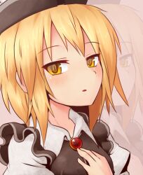  ayagi_daifuku blonde_hair brooch commentary_request female hand_on_own_chest hat jewelry lowres lunasa_prismriver short_hair solo touhou upper_body yellow_eyes 