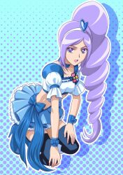  aono_miki black_thighhighs blue_choker blue_footwear blue_skirt blue_wrist_cuffs boots bow choker commentary_request crop_top cure_berry eyelashes female fresh_precure! full_body hair_ornament hairband heart heart_hair_ornament knee_boots kneeling long_hair magical_girl midriff muhi11234 polka_dot polka_dot_background precure purple_eyes purple_hair ribbon side_ponytail skirt smile solo thighhighs thighhighs_under_boots wrist_cuffs zettai_ryouiki 