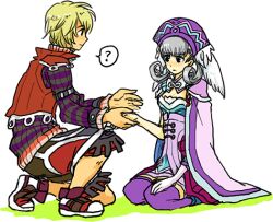  1boy blonde_hair commentary_request female full_body hat head_wings jacket long_sleeves lowres maruo_(ciao15) melia_antiqua on_one_knee red_jacket seiza shulk_(xenoblade) sitting striped turtleneck wings xenoblade_chronicles_(series) xenoblade_chronicles_1 