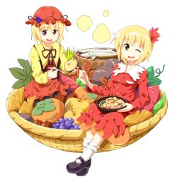  2girls ;) aki_minoriko aki_shizuha apple basket blonde_hair bowl chestnut chopsticks commentary_request cooking dress eating fish fish_(food) food fruit ginkgo_leaf grapes grill grilled_fish grilling hair_ornament hat holding holding_chopsticks holding_food holding_spoon in_basket in_bowl in_container in_food leaf leaf_hair_ornament leaf_on_head legs_together long_sleeves looking_at_viewer mary_janes mini_person minigirl multiple_girls mushroom one_eye_closed open_mouth orange_(fruit) persimmon red_dress red_eyes rice ruu_(tksymkw) shichirin shiitake shoes short_hair siblings sisters sitting smile socks spoon sweet_potato touhou transparent_background vegetable white_legwear wing_collar yellow_eyes 