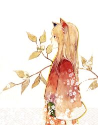  1boy animal_ears brown_hair commentary_request flower fox_ears japanese_clothes kaka123 kimono kogitsune_(natsume_yuujinchou) leaf long_hair male_focus natsume_yuujinchou painting_(medium) photoshop_(medium) profile solo traditional_media watercolor_(medium) 