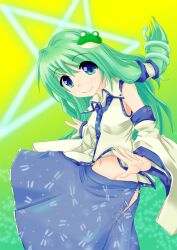  blue_eyes commentary_request detached_sleeves female green_hair highres kochiya_sanae long_hair navel photoshop_(medium) solo t.o.d touhou 