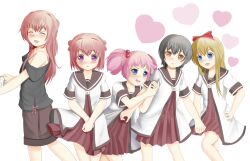  5girls akaza_akane akaza_akari arm_hug black_hair blonde_hair blue_eyes bow brown_eyes closed_eyes commentary_request double_bun funami_yui hair_bobbles hair_bun hair_ornament hairbow hand_on_own_hip highres holding_hands interlocked_fingers long_hair miyabi_(miyabi) multiple_girls nanamori_school_uniform open_mouth pink_hair purple_eyes red_hair school_uniform serafuku short_hair single_hair_bun toshinou_kyouko yoshikawa_chinatsu yuru_yuri 