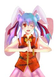  alternate_costume alternate_hairstyle animal_ears bad_id bad_pixiv_id chinese_clothes double_bun female hair_bun highres oerba_yun_fang one_eye_closed pakapom palm-fist_greeting photoshop_(medium) purple_hair rabbit_ears red_eyes reisen_udongein_inaba solo touhou 