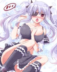  ... :o black_bra black_panties black_skirt black_socks blush bobby_socks bra breasts collarbone commentary_request eyepatch female frilled_skirt frills grey_hair large_breasts lingerie long_hair looking_at_viewer miniskirt no_shirt panties pantyshot photoshop_(medium) red_eyes senran_kagura senran_kagura_shoujo-tachi_no_shin&#039;ei sitting skirt socks solo sweat twintails underwear utsurogi_angu yagyu_(senran_kagura) 