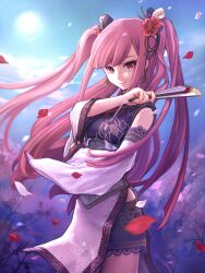  bad_id bad_pixiv_id chinese_clothes detached_sleeves female flower folded_fan folding_fan hair_flower hair_ornament hair_ribbon hand_fan highres holding holding_fan lace long_hair looking_at_viewer moon petals pink_eyes pink_hair rasneko ribbon sangokushi_taisen shuuki smile solo twintails 