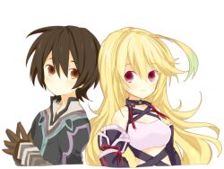  1boy bad_id bad_pixiv_id bear_(artist) black_hair blonde_hair brown_eyes female gloves jude_mathis long_hair milla_maxwell purple_eyes smile tales_of_(series) tales_of_xillia 