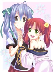  2girls :d bad_id bad_pixiv_id bare_shoulders brown_eyes crossover fractale green_eyes multiple_girls nessa_(fractale) open_mouth purple_hair red_hair season_connection shiwasuzuki smile tachibana_isana yumekui_merry 