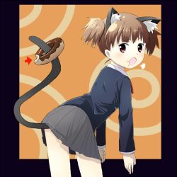  animal_ears b3 bad_id bad_pixiv_id blazer blush brown_eyes brown_hair cat_ears cat_tail company_connection doughnut female food food_on_face food_on_tail hyadain_no_joujou_yuujou jacket k-on! kemonomimi_mode looking_back nichijou oerba_yun_fang open_mouth parody sakuragaoka_high_school_uniform school_uniform short_hair short_twintails solo suzuki_jun tail twintails 