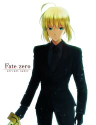  ahoge artoria_pendragon_(fate) bad_id bad_pixiv_id black_gloves blonde_hair excalibur_(fate/stay_night) fate/zero fate_(series) female formal gloves green_eyes izru necktie pant_suit pants ponytail reverse_trap saber_(fate) solo suit sword weapon 