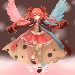  bad_id bad_pixiv_id bow charlotte_(madoka_magica) cloak coat female green_eyes hairbow heterochromia highres long_sleeves mahou_shoujo_madoka_magica mahou_shoujo_madoka_magica_(anime) mary_janes multicolored_eyes nanairo personification pigeon-toed pink_hair red_eyes shoes sleeves_past_wrists solo striped_clothes striped_thighhighs thighhighs twintails wings 