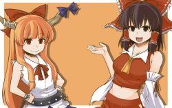  2girls :d bad_id bad_pixiv_id black_hair commentary_request hakurei_reimu hand_on_own_hip ibuki_suika midriff multiple_girls navel open_mouth orange_hair smile touhou zetsumame 