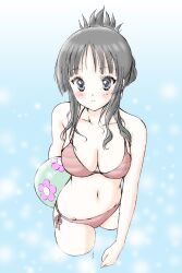  akiyama_mio bad_id bad_pixiv_id ball bikini black_eyes black_hair bluez blush breasts cleavage female highres k-on! long_hair medium_breasts navel side-tie_bikini_bottom solo swimsuit wading 