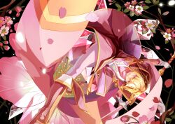  alternate_color blazblue blonde_hair boots cherry_blossoms coat gloves highres jin_kisaragi knee_boots male_focus pants pink pink_eyes pink_footwear player_2 selenoring smile solo sword upside-down weapon yukianesa 